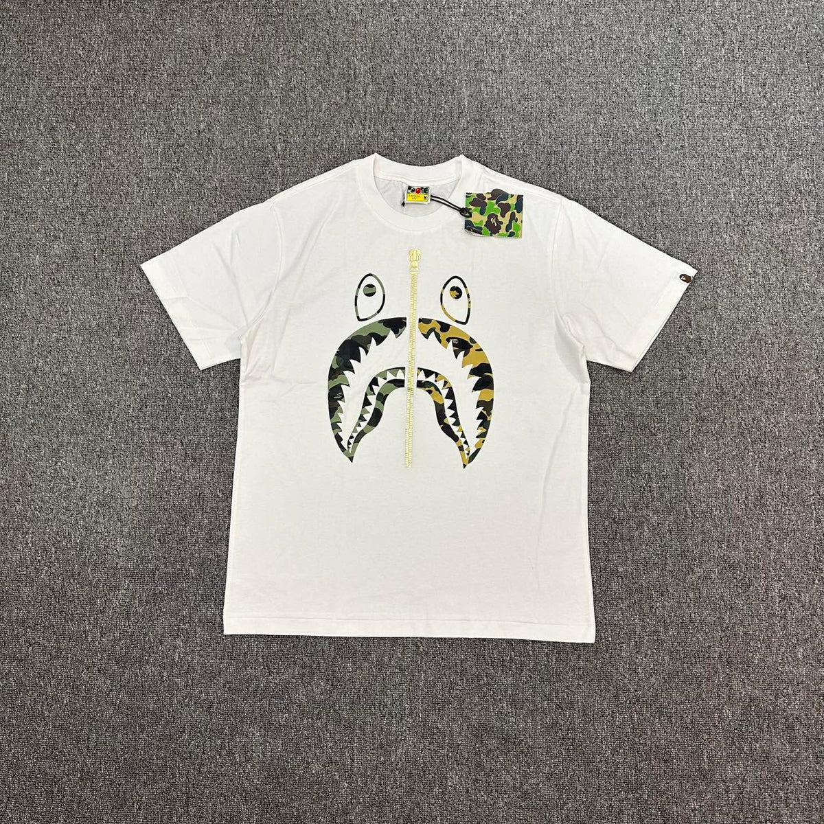 BAPE Art Camo Multicolor Patchwork Shark Face Zip Oversized Heavyweight Unisex T-Shirt