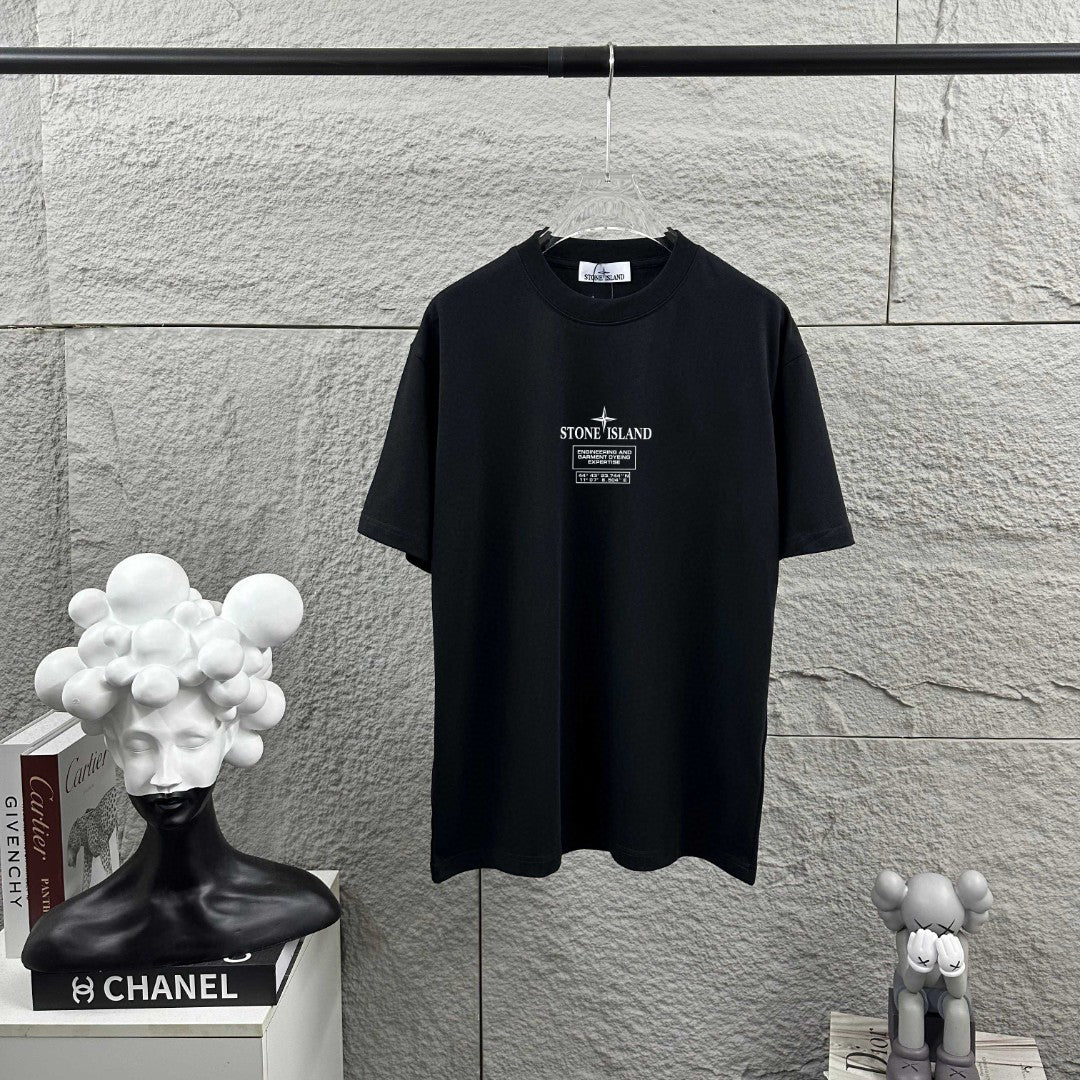 Stone Island Engineering and Garment Dyeing Expertise Heat-Transfer Print T-Shirt - Compass Badge Back, Coordinates Front