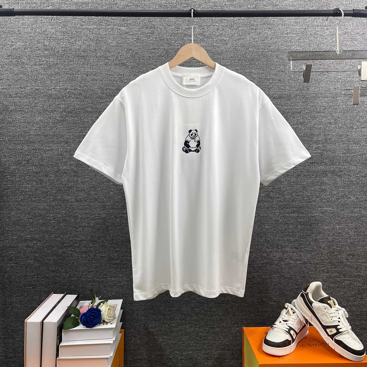 AMI Paris Panda Embroidered Chest Crew Neck Short‑Sleeve T‑Shirt