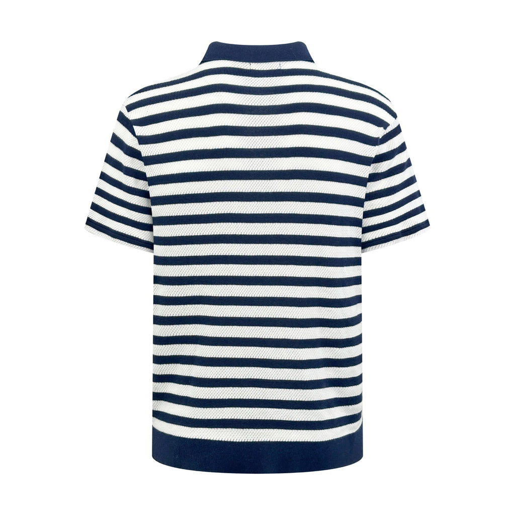 Polo Ralph Lauren Men's Striped V‑Neck Knit Short‑Sleeve Polo Shirt, Navy Pony Embroidery