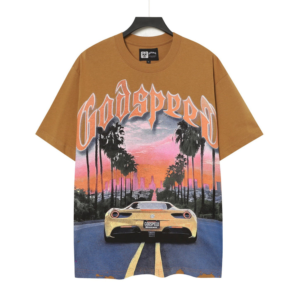 Godspeed Sunset LA Ferrari Highway Vintage Graphic Tee (Brown)
