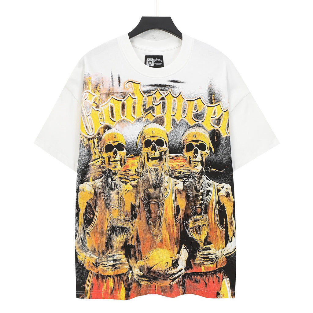 Godspeed Skeleton Basketball Champions Vintage Short‑Sleeve Tee (White)