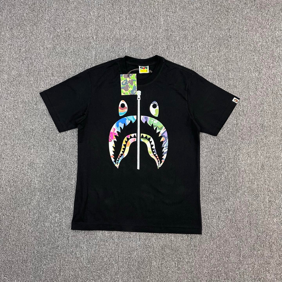 BAPE Art Camo Multicolor Patchwork Shark Face Zip Oversized Heavyweight Unisex T-Shirt