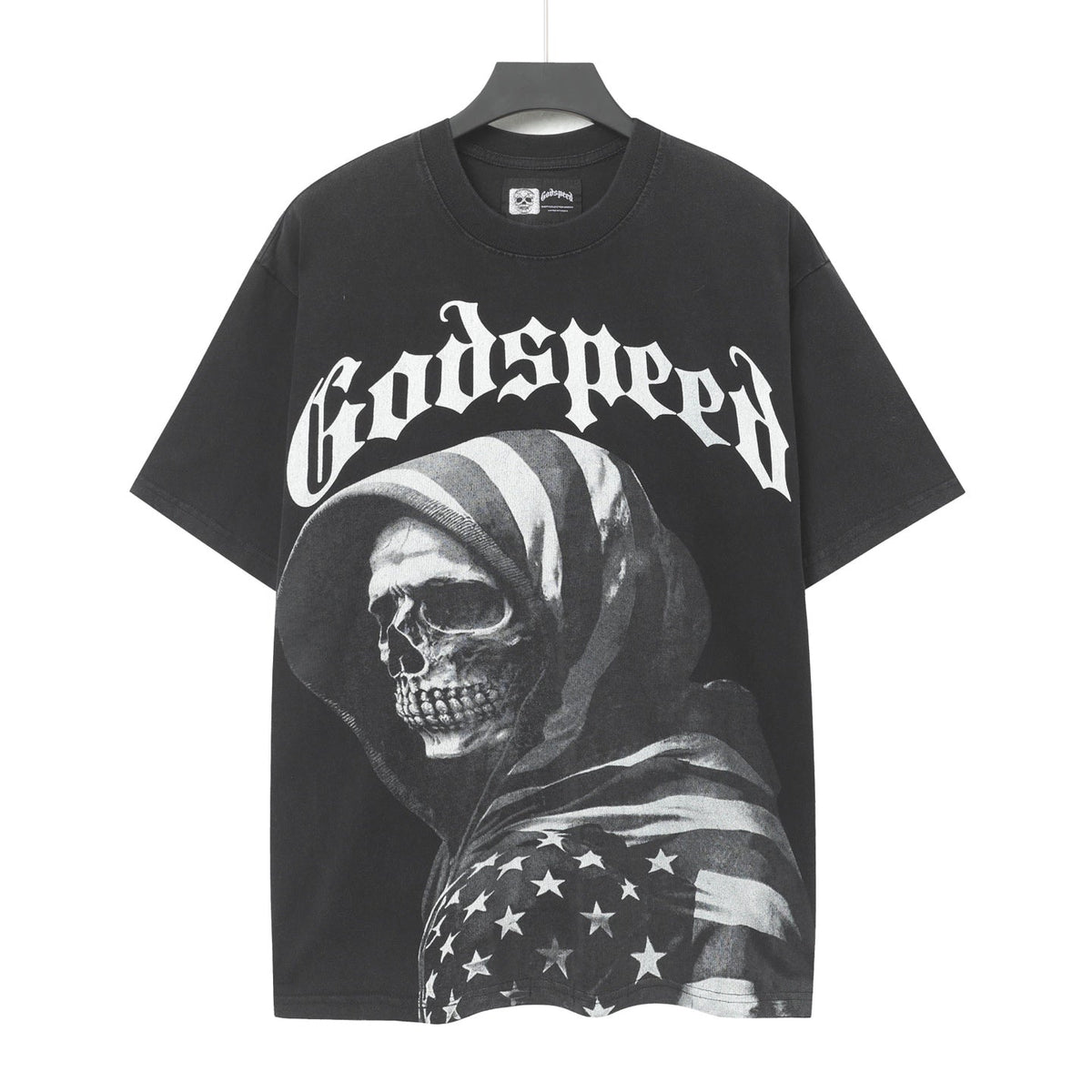 Godspeed American Flag Hooded Skeleton Short‑Sleeve T‑Shirt (Black)