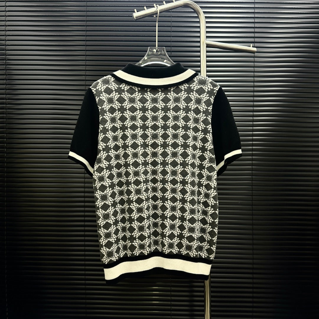 AMIRI Geometric Jacquard Color‑Block Short‑Sleeve Knit Polo Shirt