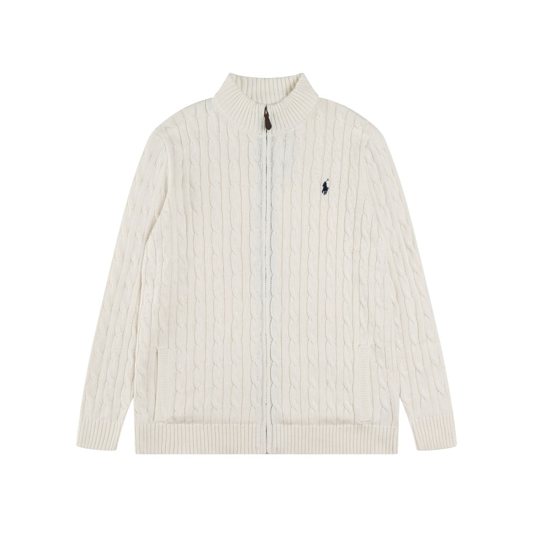 Ralph Lauren Men's Full‑Zip Cable Knit Stand Collar Cardigan Sweater With Navy Pony Logo