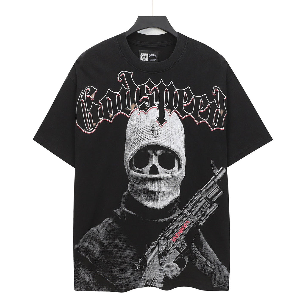 Godspeed Skull Balaclava Gunman Vintage Short‑Sleeve Tee (Washed Black)