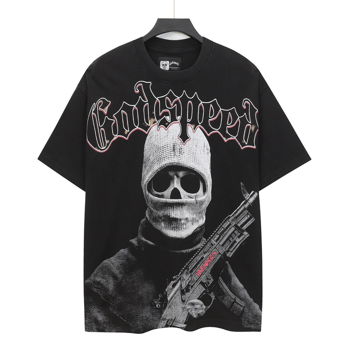 Godspeed Skull Balaclava Gunman Vintage Short‑Sleeve Tee (Washed Black)