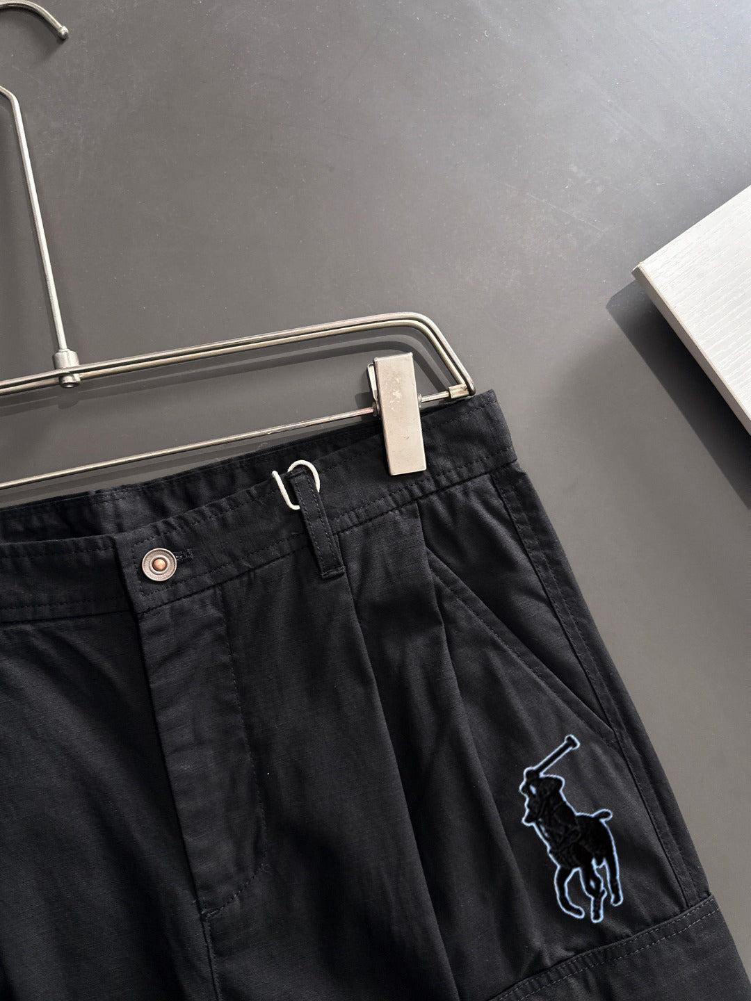 Men's Black Wide‑Leg Cargo Pants, Multi Pockets Rider Embroidery Casual Trousers