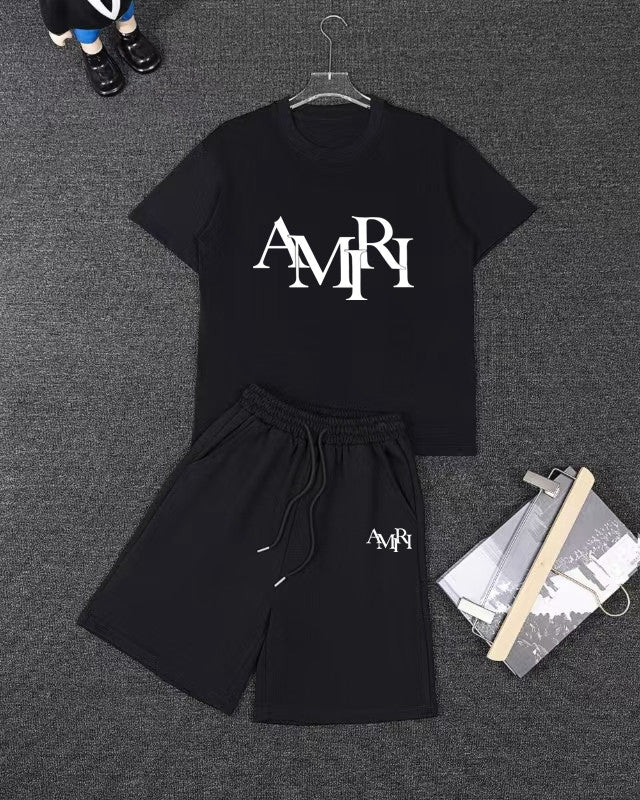 Amiri Overlapped Logo Short‑Sleeve T‑Shirt & Drawstring Shorts Two‑Piece Set