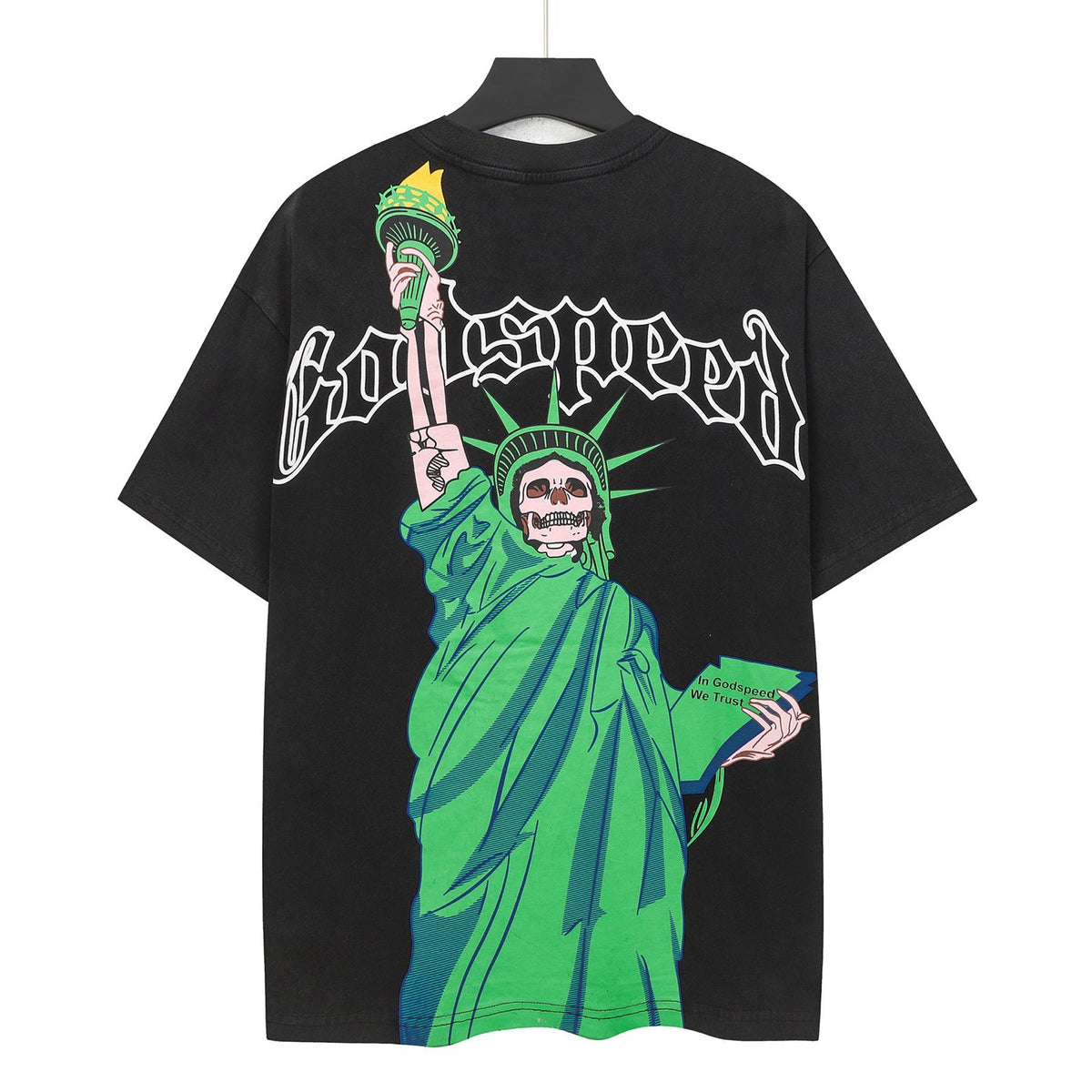Godspeed Skeleton Statue Of Liberty Short Sleeve Tee (Washed Black)
