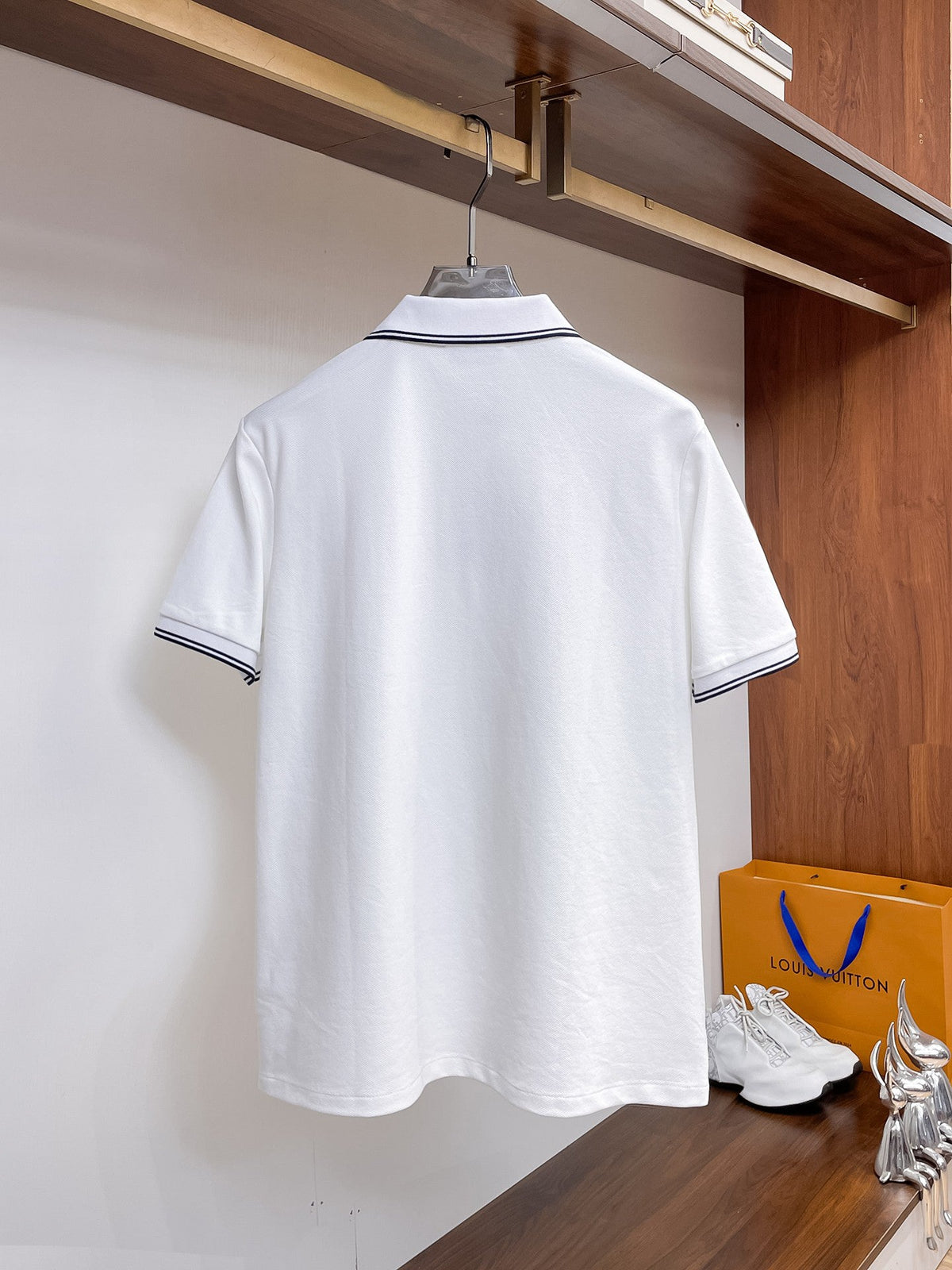 Moncler Striped‑Trim Short‑Sleeve Polo Shirt (White)