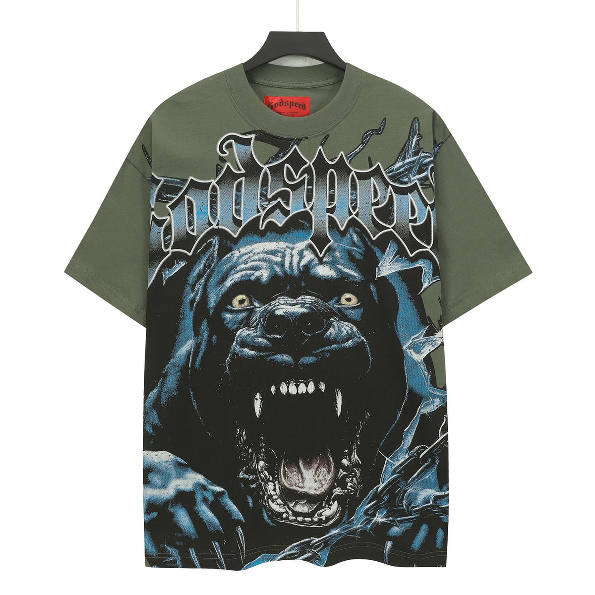 Godspeed Roaring Pitbull Vintage Short‑Sleeve Tee (Olive Green)