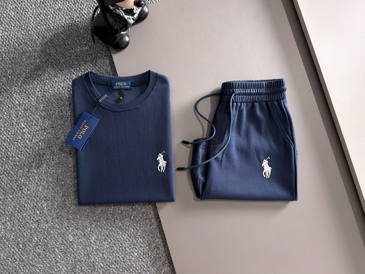 Men's 2‑Piece Outfit, Crew Neck Short‑Sleeve T‑Shirt + Drawstring Shorts Set Horse Embroidery Casual Tracksuit