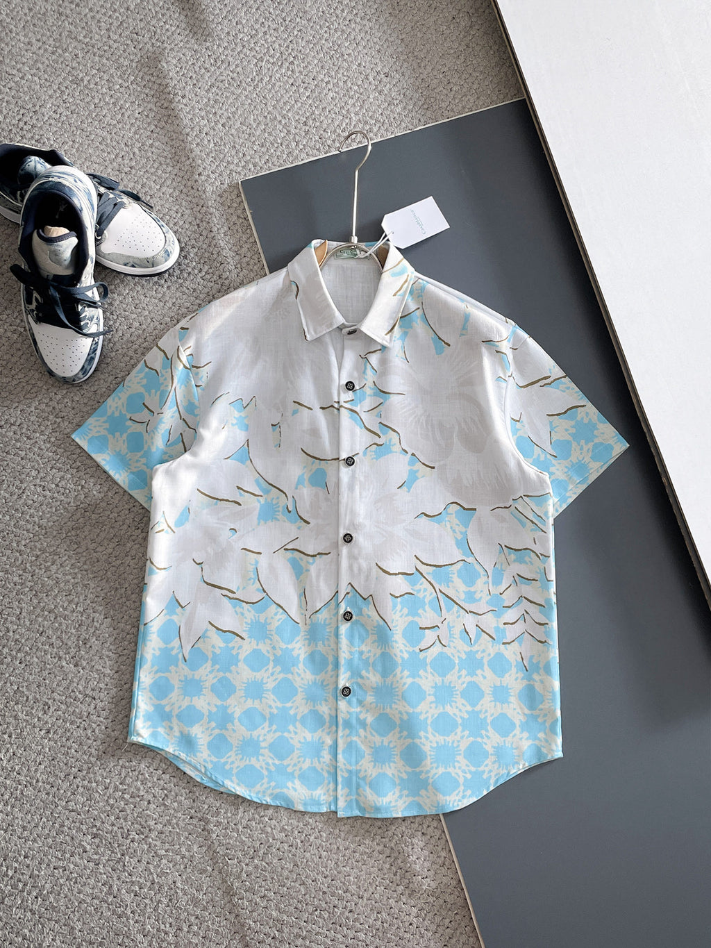 AMIRI Tropical Floral Print Short‑Sleeve Button‑Up Shirt & Drawstring Shorts Summer Two‑Piece Set