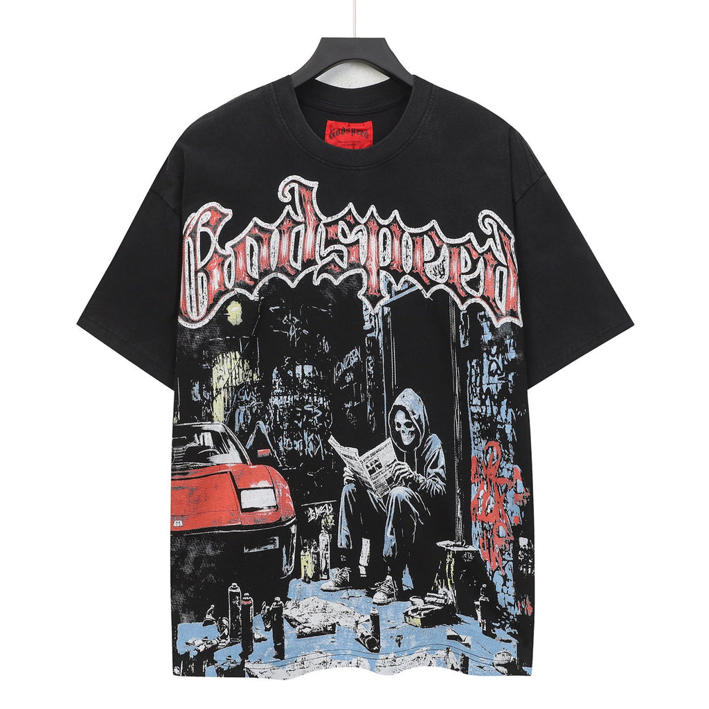 Godspeed Grim Reaper Graffiti Alley Vintage Short‑Sleeve Tee (Washed Black)
