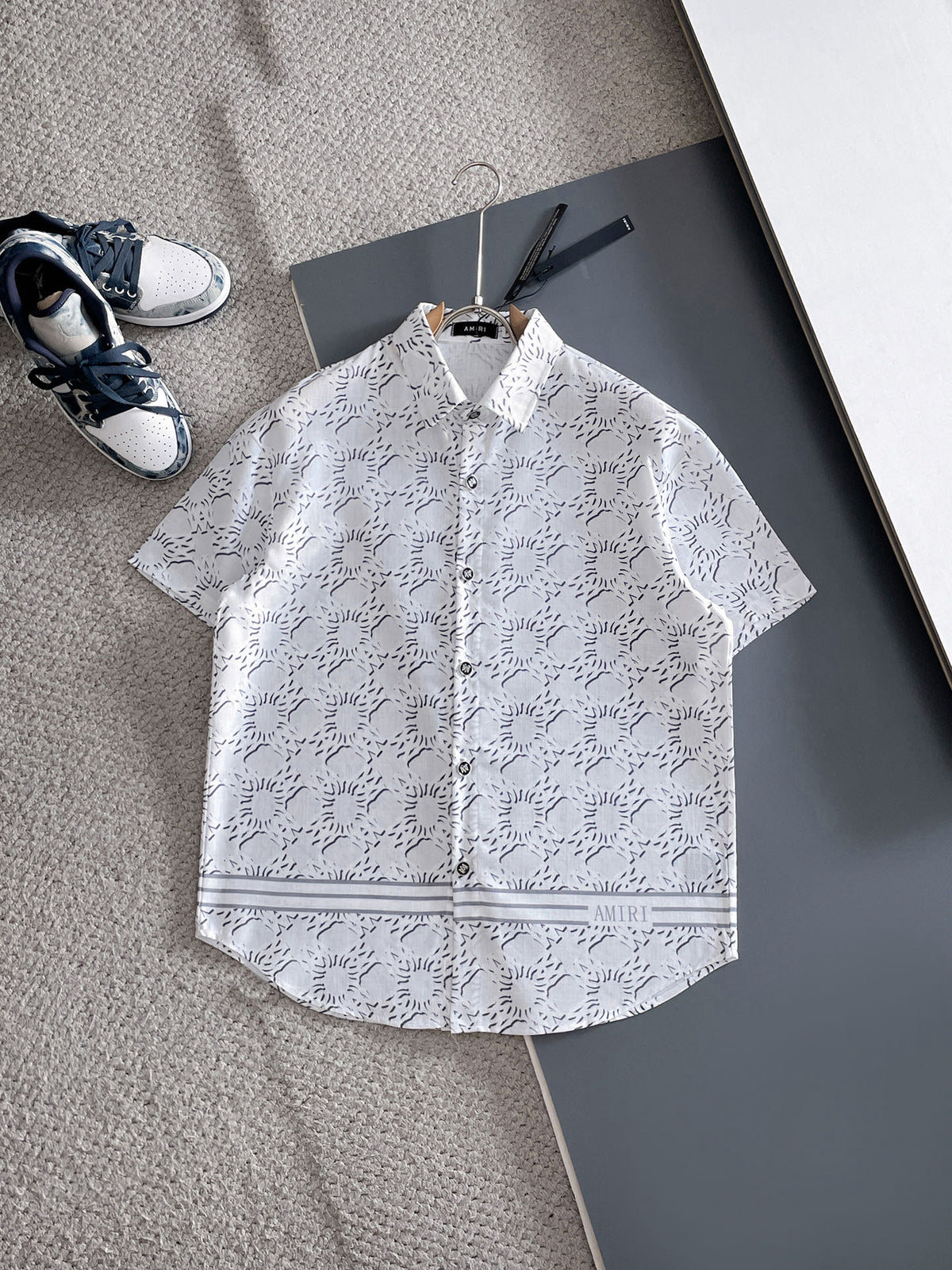 AMIRI All‑Over Print Short‑Sleeve Button‑Up Shirt & Drawstring Shorts Two‑Piece Summer Set