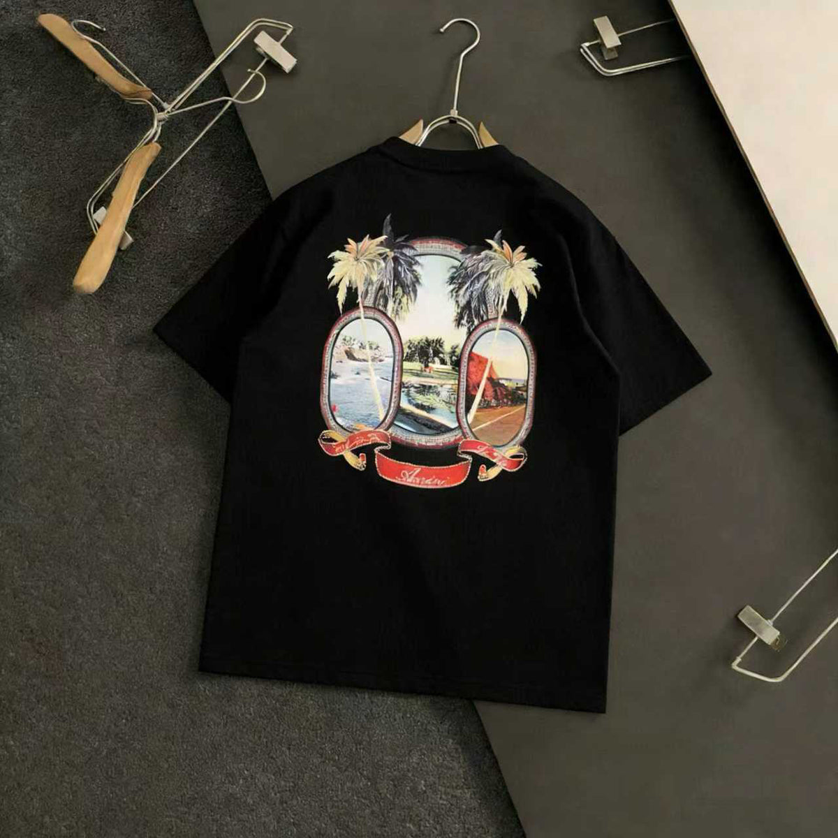 Amiri Tropical Beach Badge Graphic Crew‑Neck Short‑Sleeve T‑Shirt