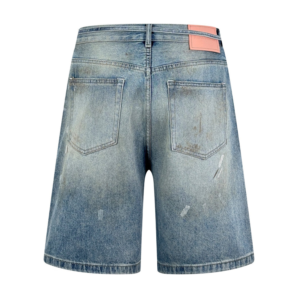 Acne Studios Paint‑Splatters Distressed Wide‑Leg Denim Jort Shorts