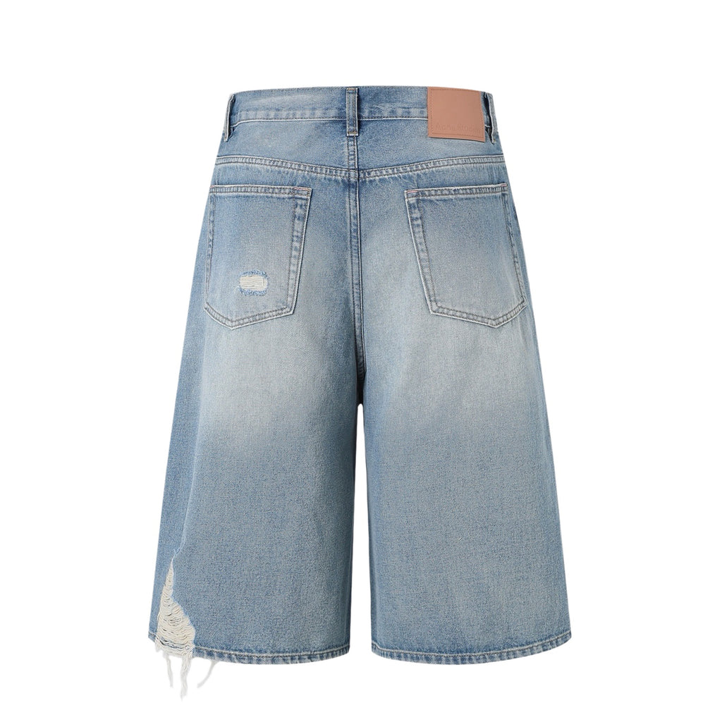 Acne Studios Heavy‑Ripped Distressed Washed Denim Wide‑Leg Jort Shorts