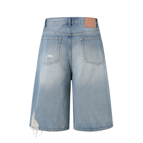 Acne Studios Heavy‑Ripped Distressed Washed Denim Wide‑Leg Jort Shorts