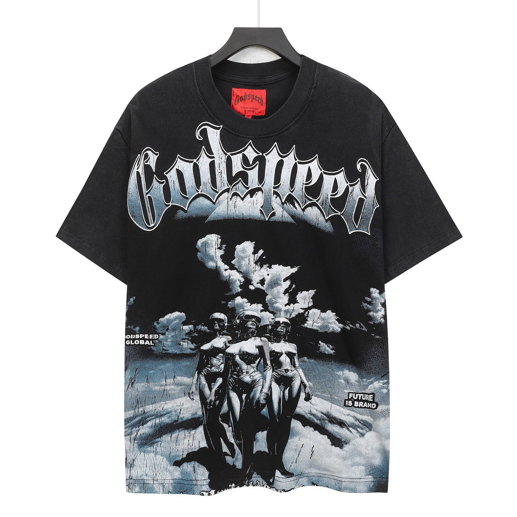 Godspeed Futuristic Sky Women Sci‑Fi Vintage Wash Short‑Sleeve Tee (Washed Black)