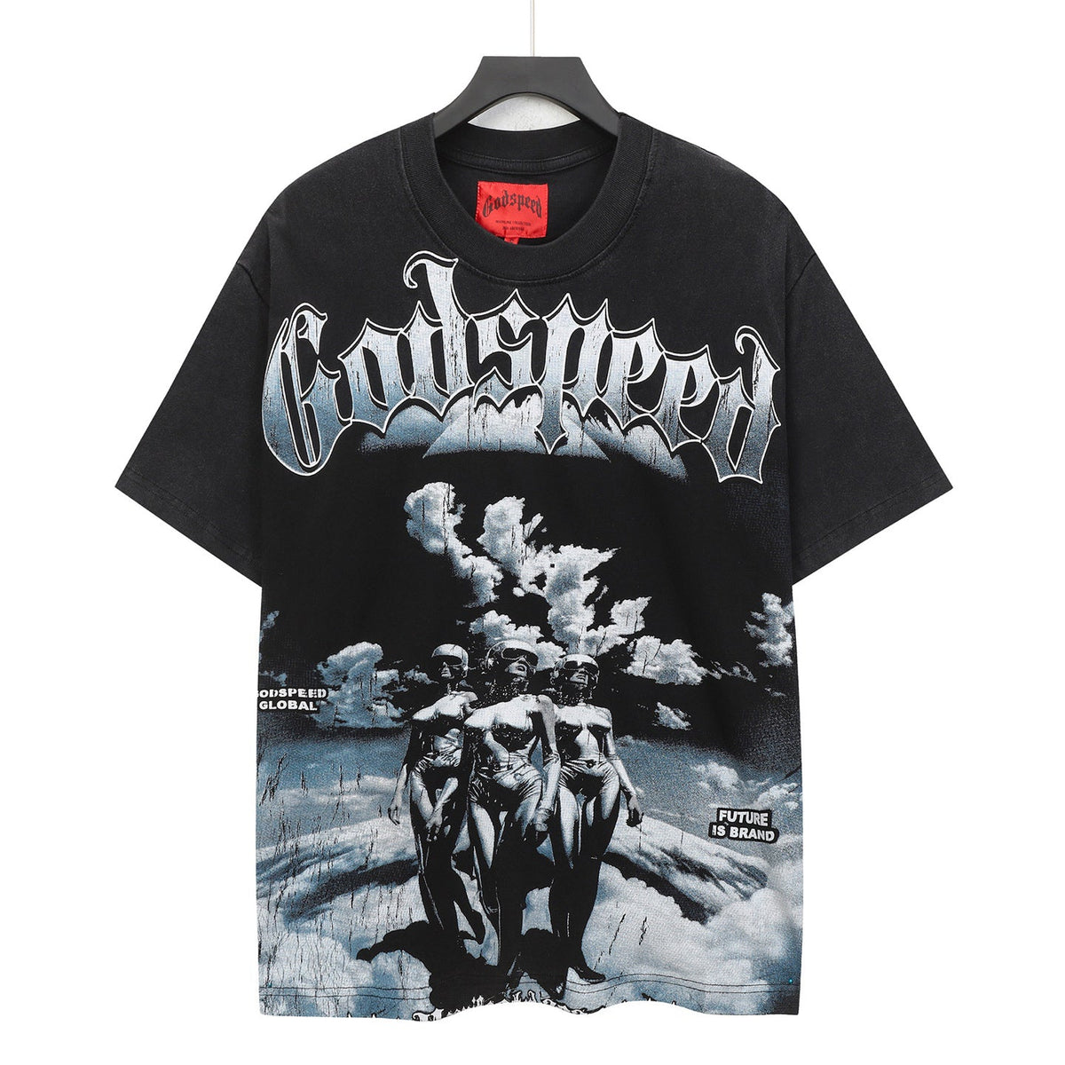 Godspeed Futuristic Sky Women Sci‑Fi Vintage Wash Short‑Sleeve Tee (Washed Black)