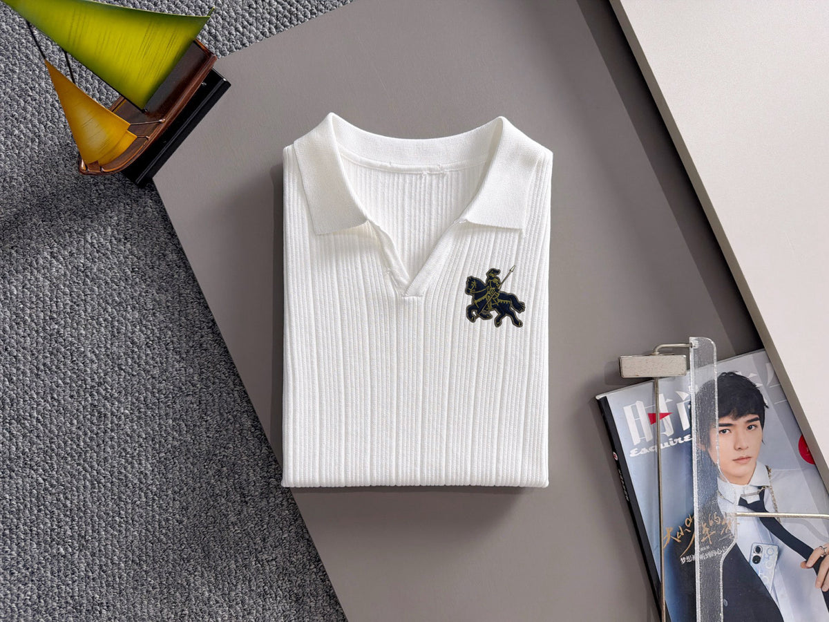 Men's Vertical Rib Knit Short‑Sleeve Polo Shirt Open V‑Collar Chest Embroidery Top