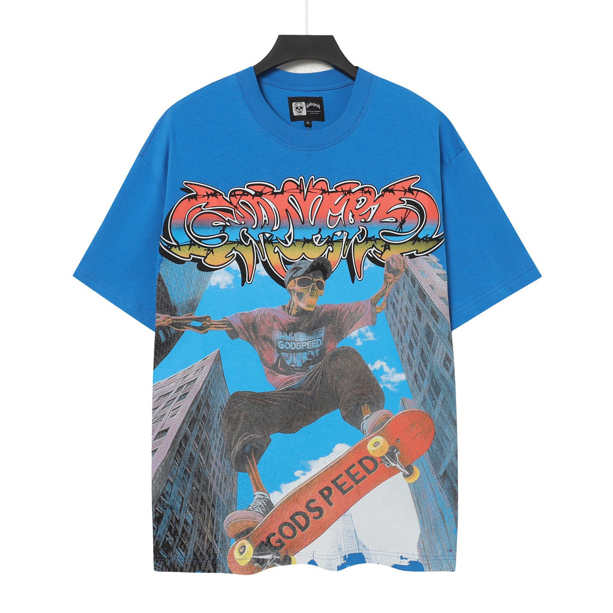 Godspeed Skeleton Skateboard City Graphic T‑Shirt (Bright Blue)