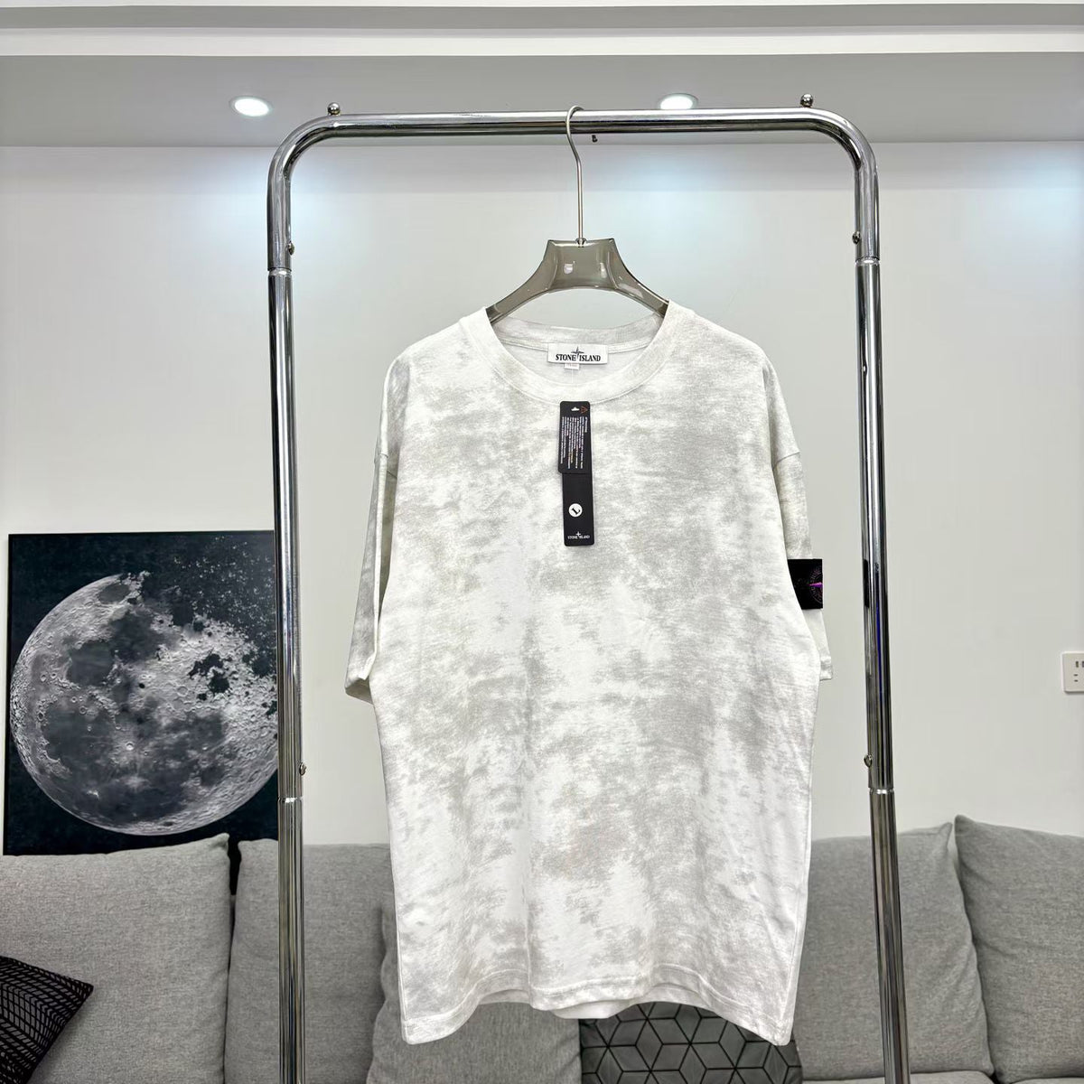 Stone Island Garment-Washed Cloud Pattern Oversized Cotton Tee with Compass Badge