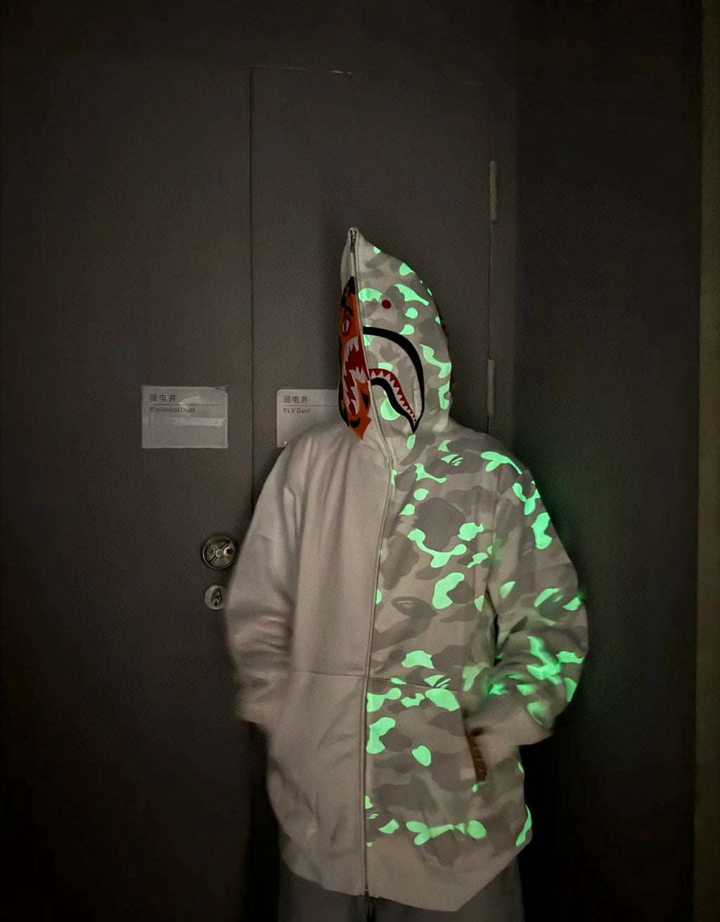 BAPE FW25 City Camo Glow-in-the-Dark Shark Full-Zip Hoodie - White / Black