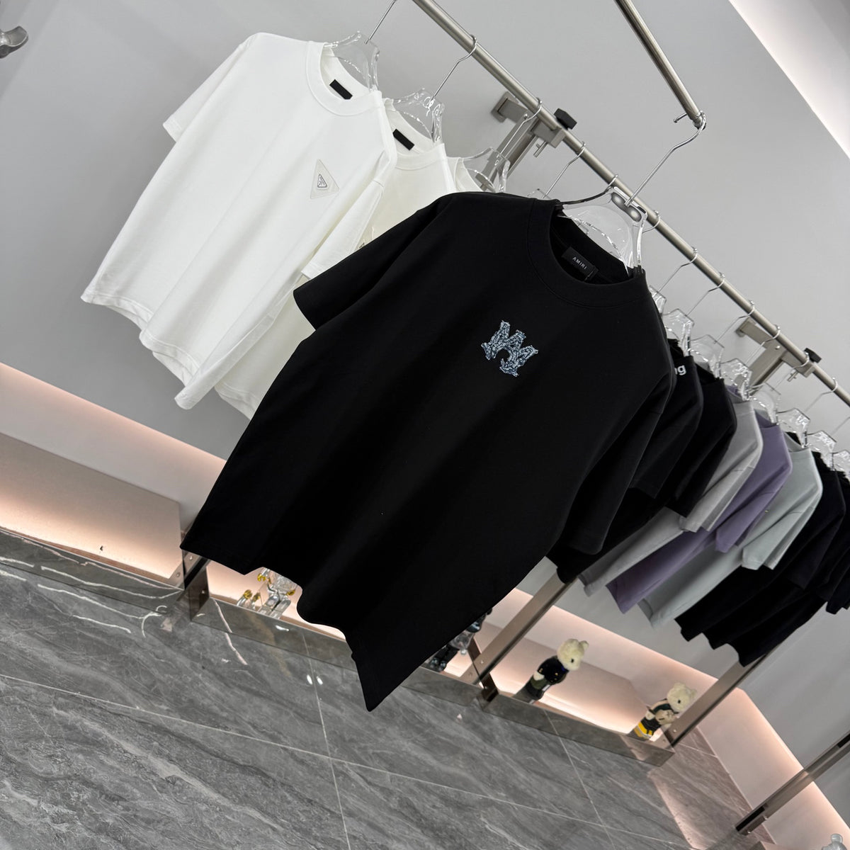 AMIRI Rhinestone Monogram Chest Logo Crew Neck Short‑Sleeve T‑Shirt