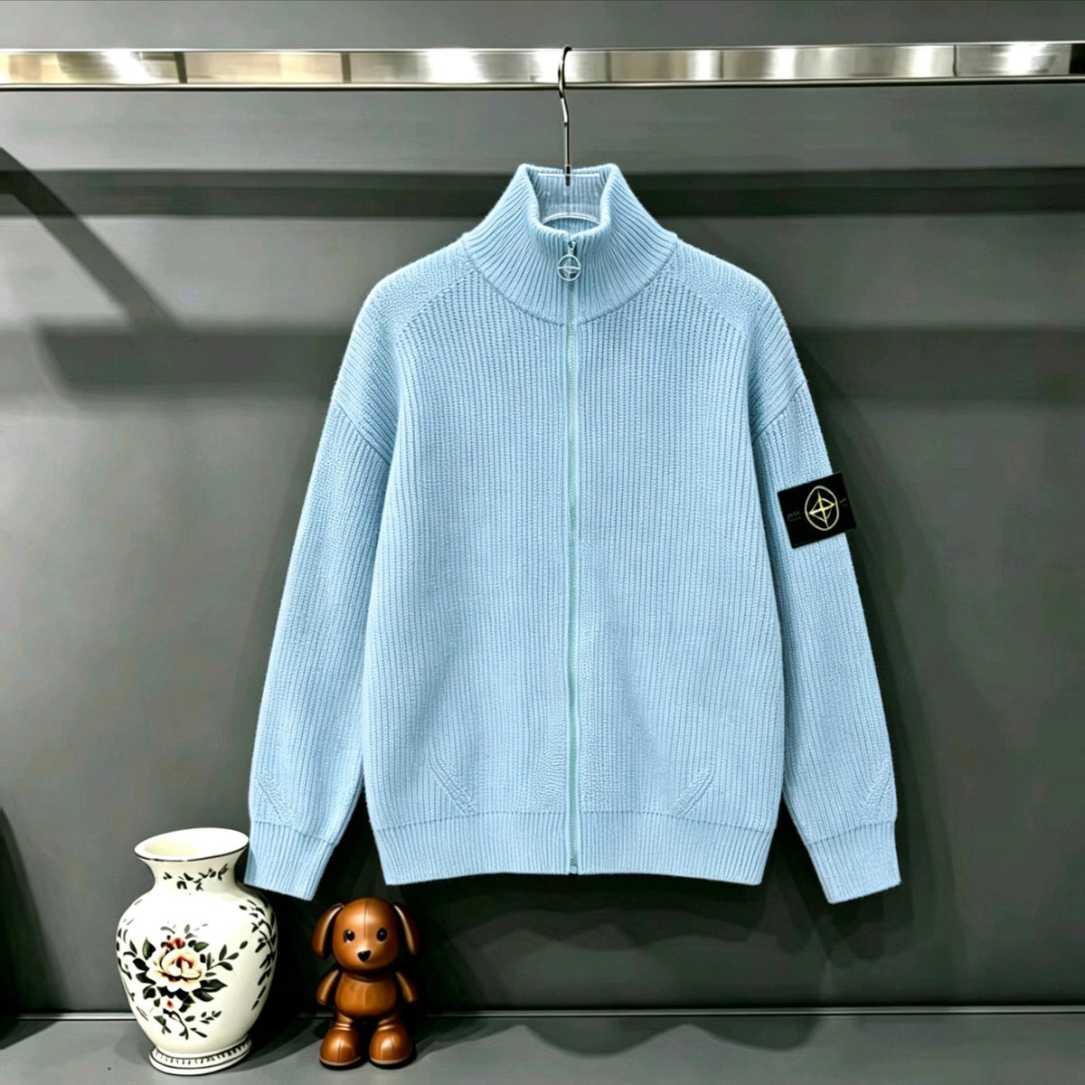 Stone Island Full-Zip Turtleneck Chunky Rib Knit Jacket
