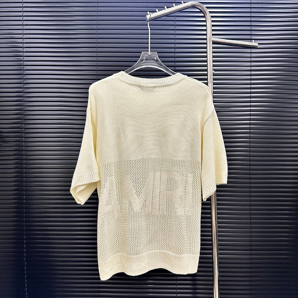 AMIRI Number Motif Mesh Knit Short‑Sleeve Sweater