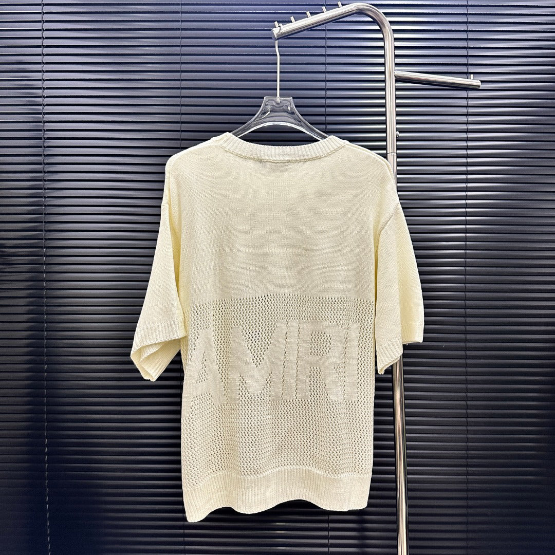 AMIRI Number Motif Mesh Knit Short‑Sleeve Sweater