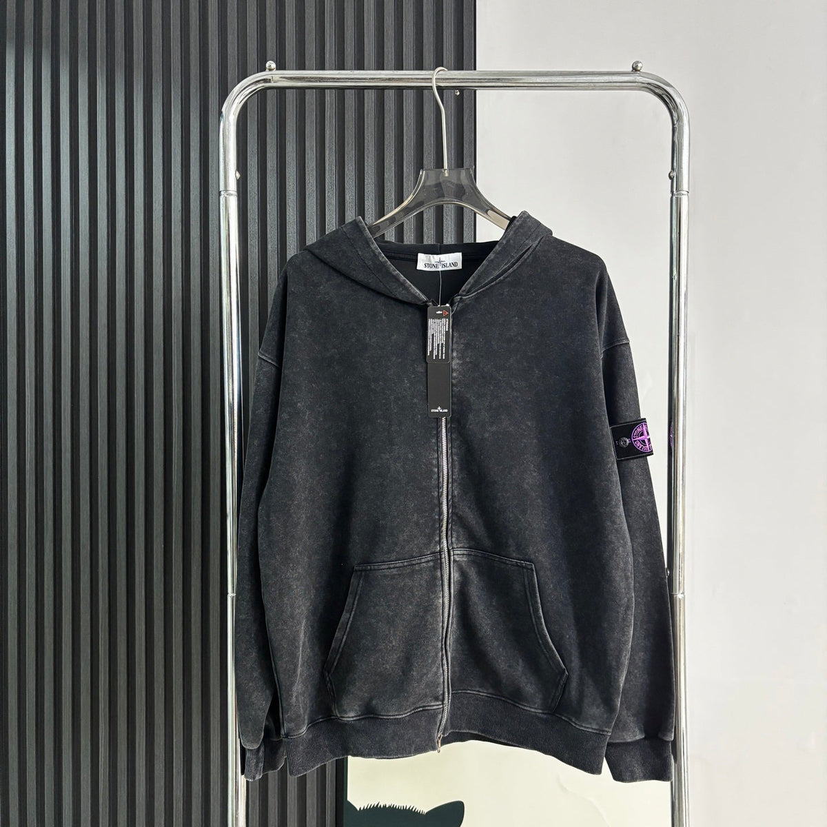 Stone Island Washed Zip-Up Hoodie with Purple Compass Badge