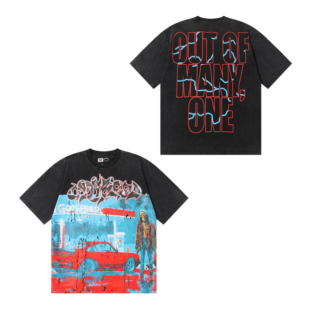Godspeed Gas Station Porsche Skeleton Graphic T‑Shirt (Washed Black)