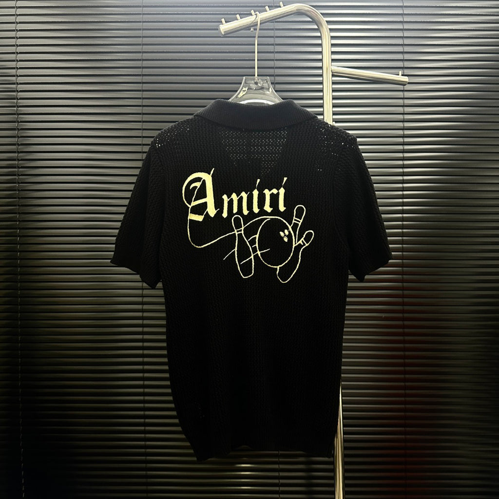 AMIRI Gothic Script Embroidered Short‑Sleeve Knit Cardigan