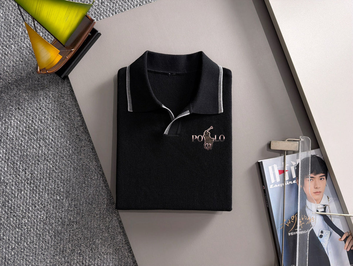 Men's Knit Short‑Sleeve Polo Shirt Contrast Trim Collar Embroidery Top