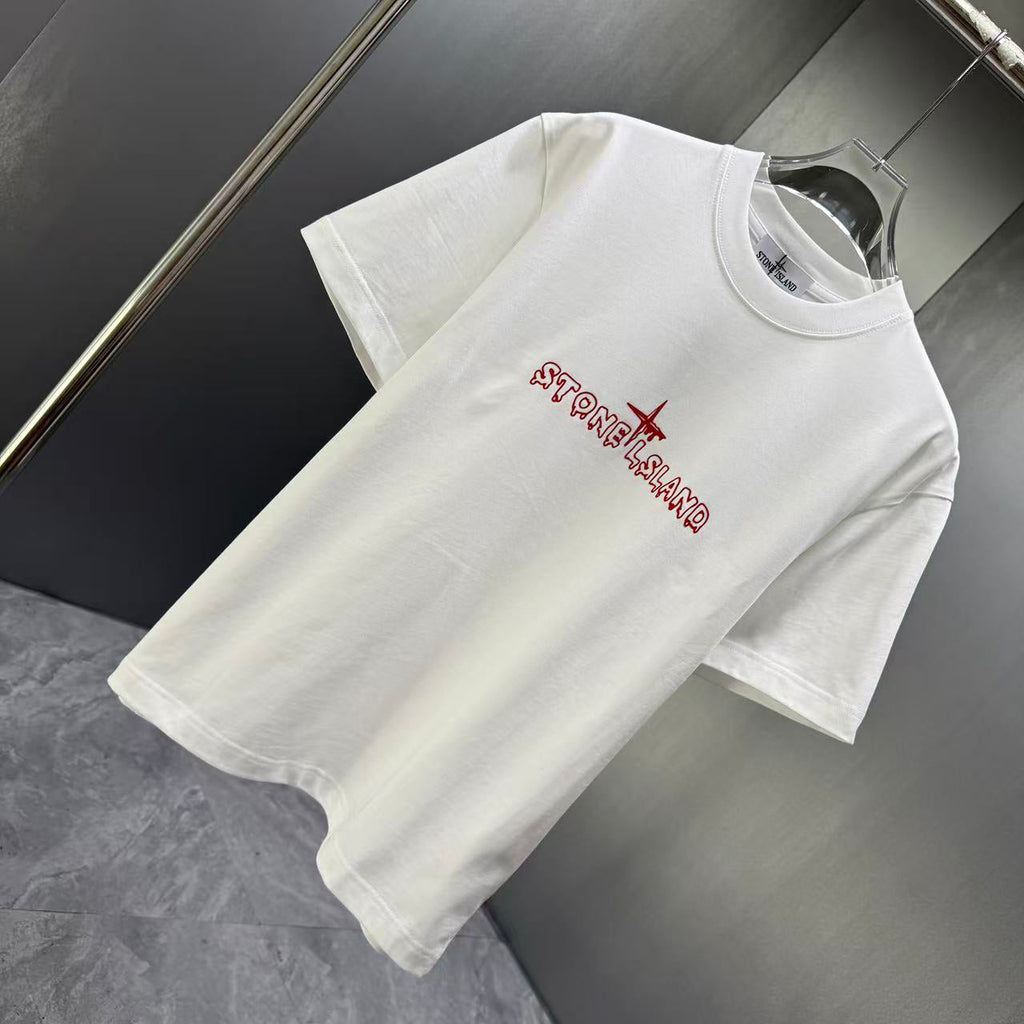 Stone Island Spring–Summer 2026 T-Shirt — Flock-Print Bubble Letter Logo, Compass Star Centre Chest