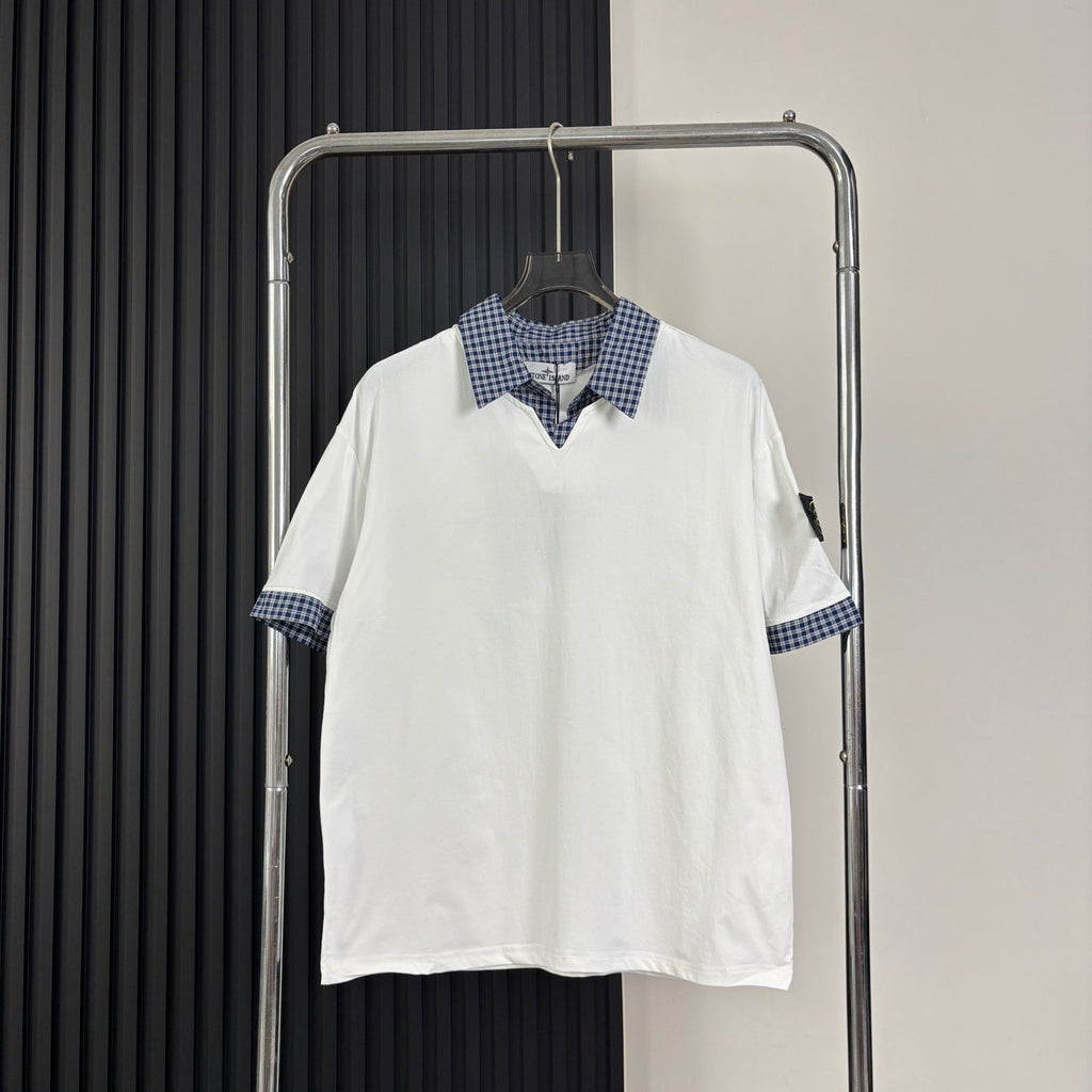 Stone Island Faux Two-Piece Short Sleeve Top with Gingham Collar