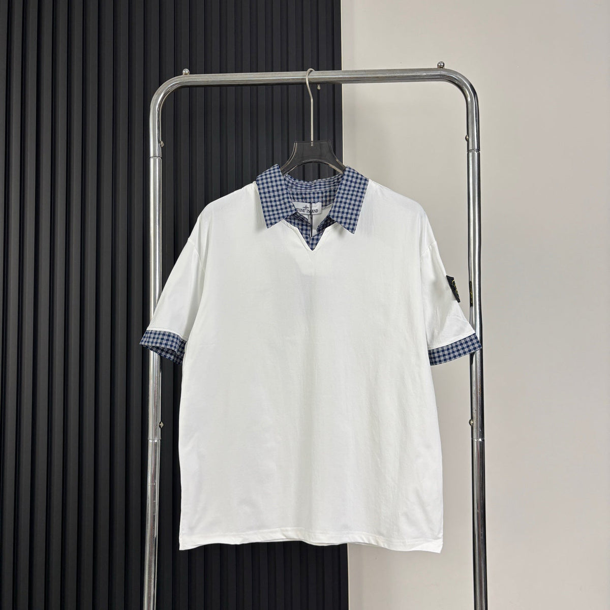 Stone Island Faux Two-Piece Short Sleeve Top with Gingham Collar