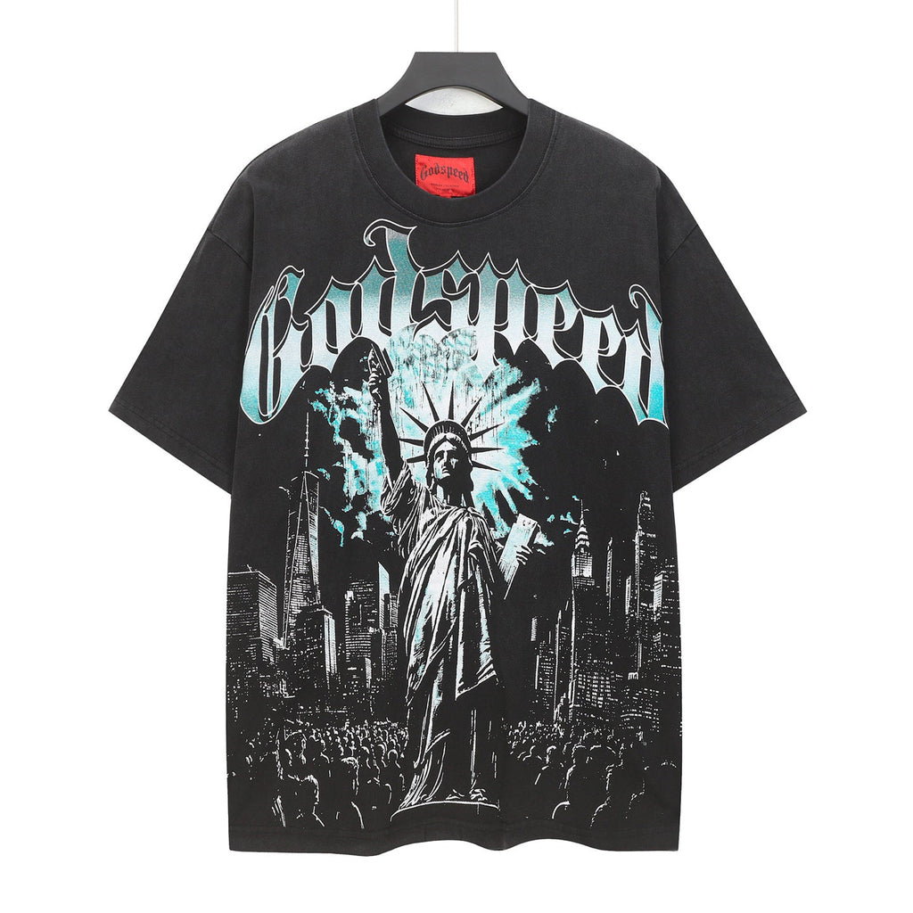 Godspeed Liberty Statue Crowd NYC Short Sleeve Tee (Washed Black)