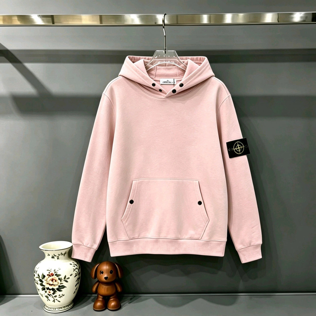 Stone Island Compass Badge Snap-Detail Pullover Hoodie Sweatshirt