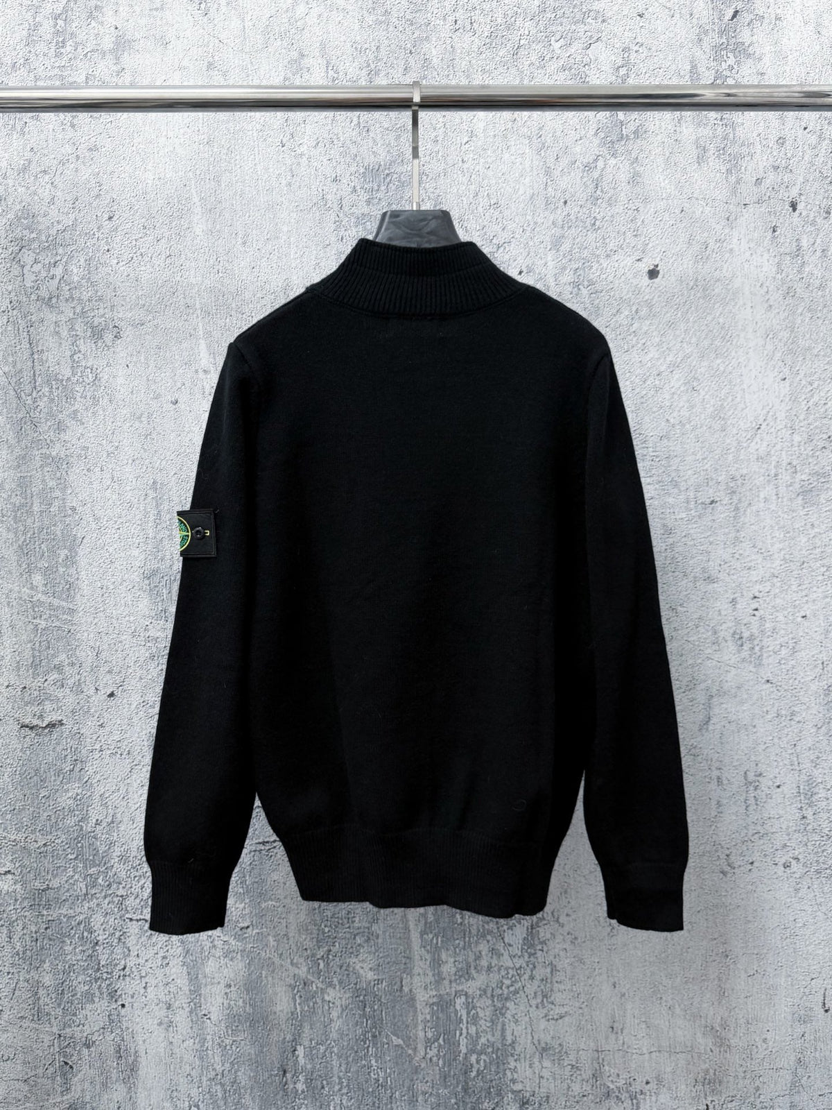 Stone Island Wool Knit Half-Button Mock Neck Sweater with Compass Badge on Sleeve