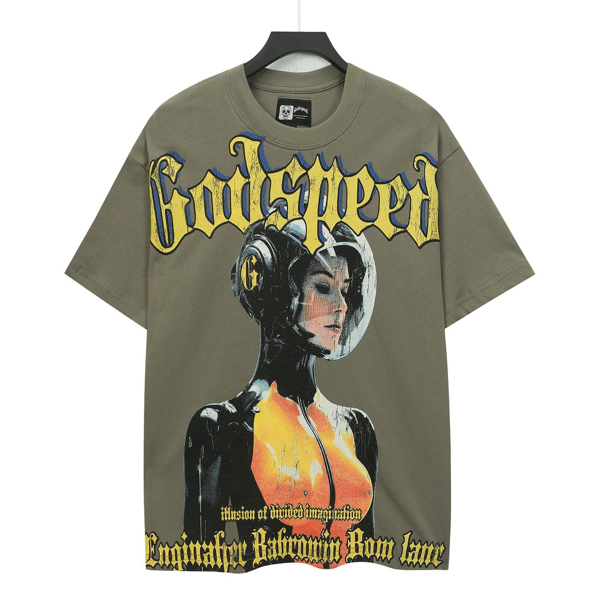 Godspeed Retro Female Astronaut Sci‑Fi Short Sleeve Tee (Olive Green)
