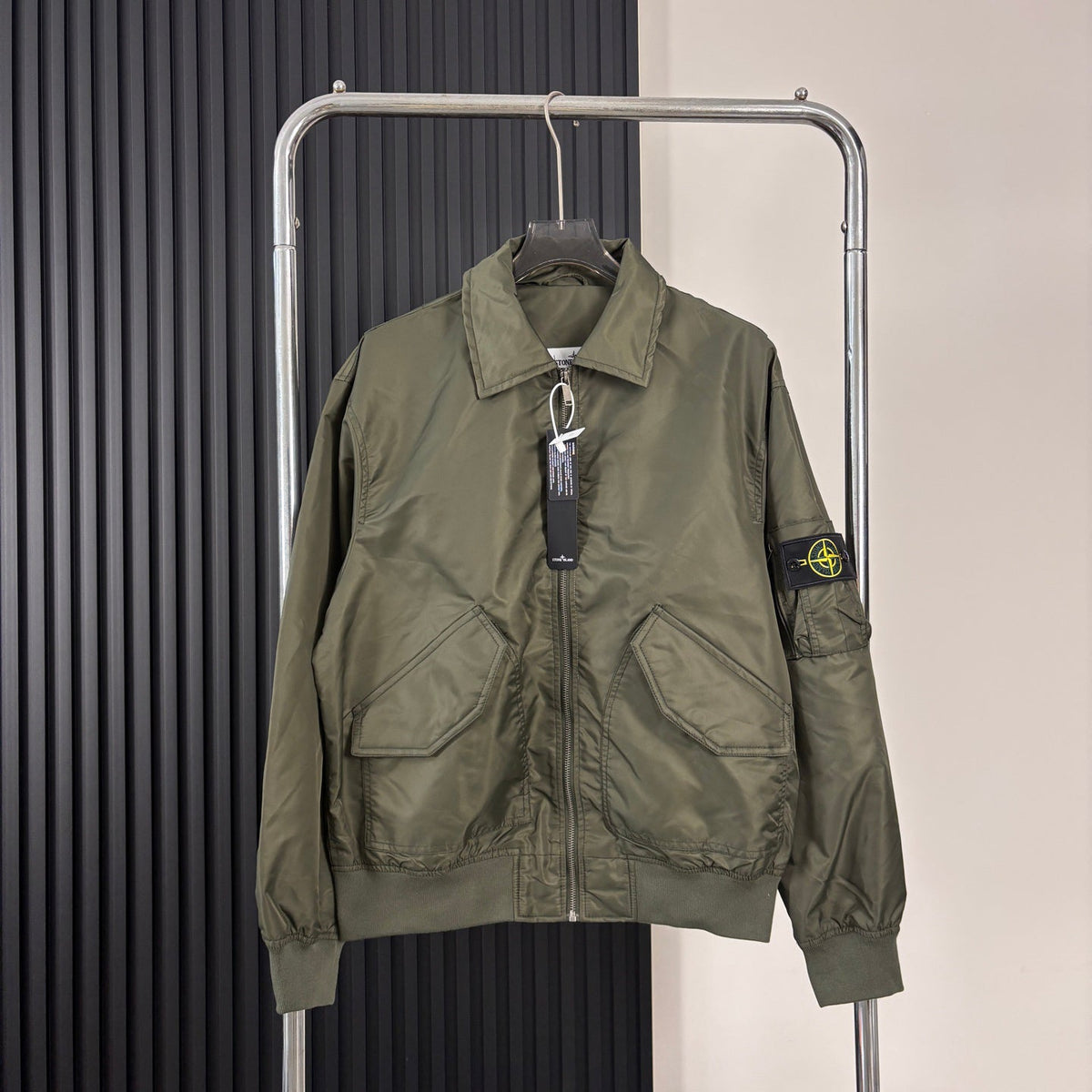 Stone Island Nylon Bomber Jacket with Point Collar and Compass Badge