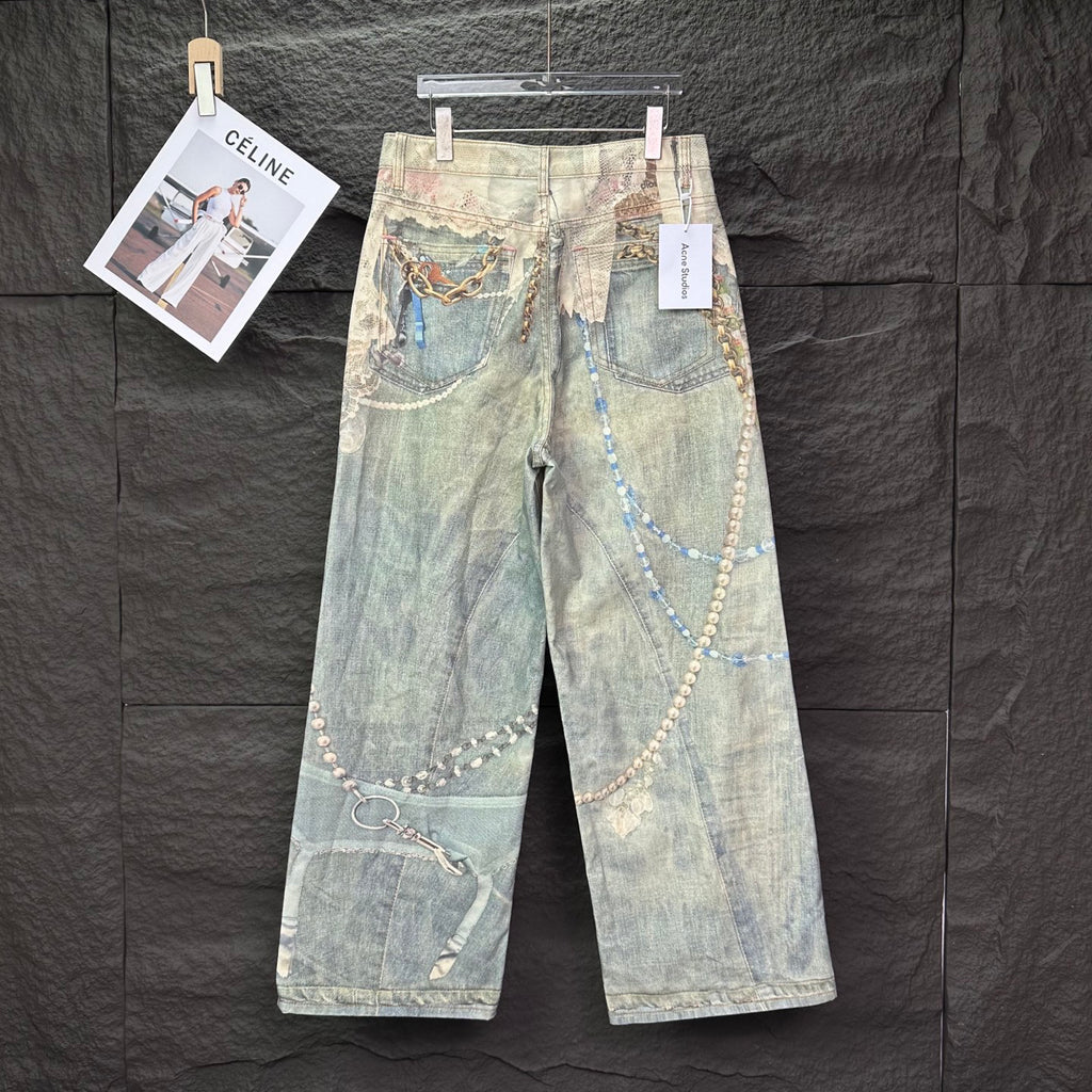 Acne Studios Vintage Pearl‑Lace Print Wide‑Leg Jeans