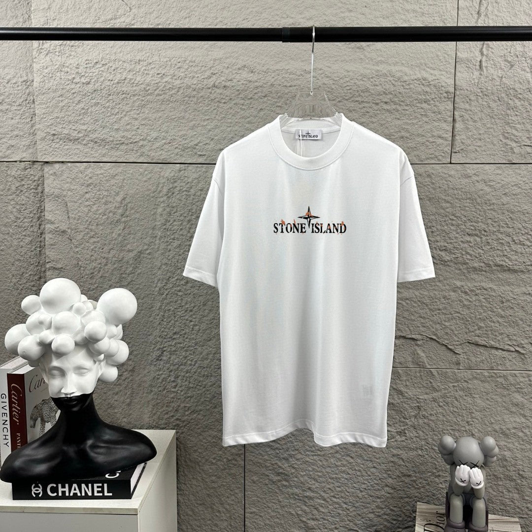 Stone Island Spring–Summer 2026 T-Shirt - Flame-Tipped Compass Star at Chest, Distressed Oversized Badge at Back