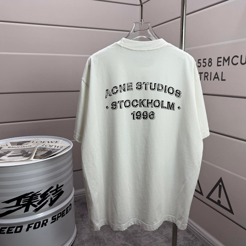 Acne Studios Small Stacked Stockholm‑1996‑Text Distressed‑Trim Crew‑Neck Short‑Sleeve T‑Shirt